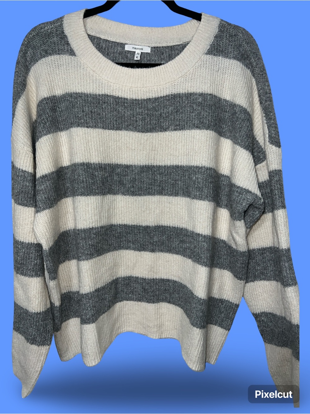 Maurices Cream and Gray Striped Crewneck Sweater